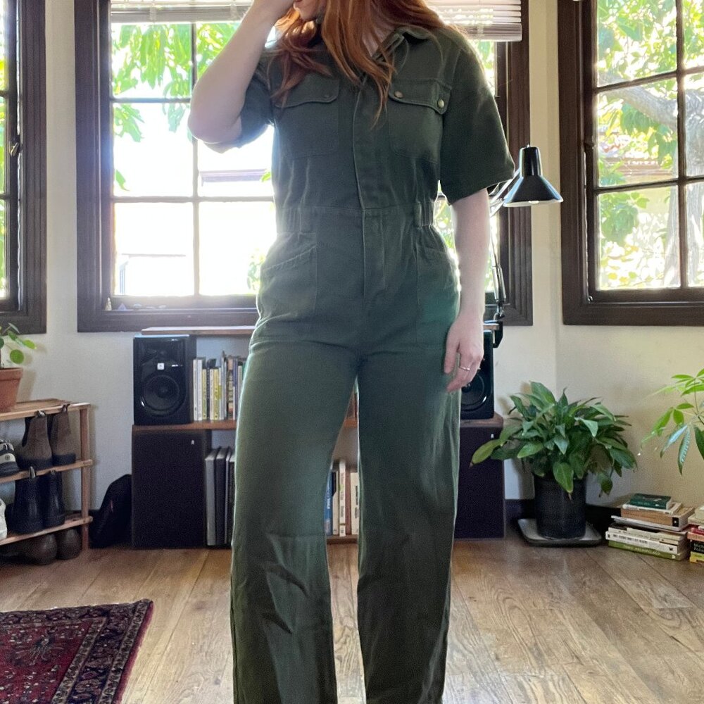 Cider  Denim Short Sleeve Jumpsuit Sage Green Cinched Waist